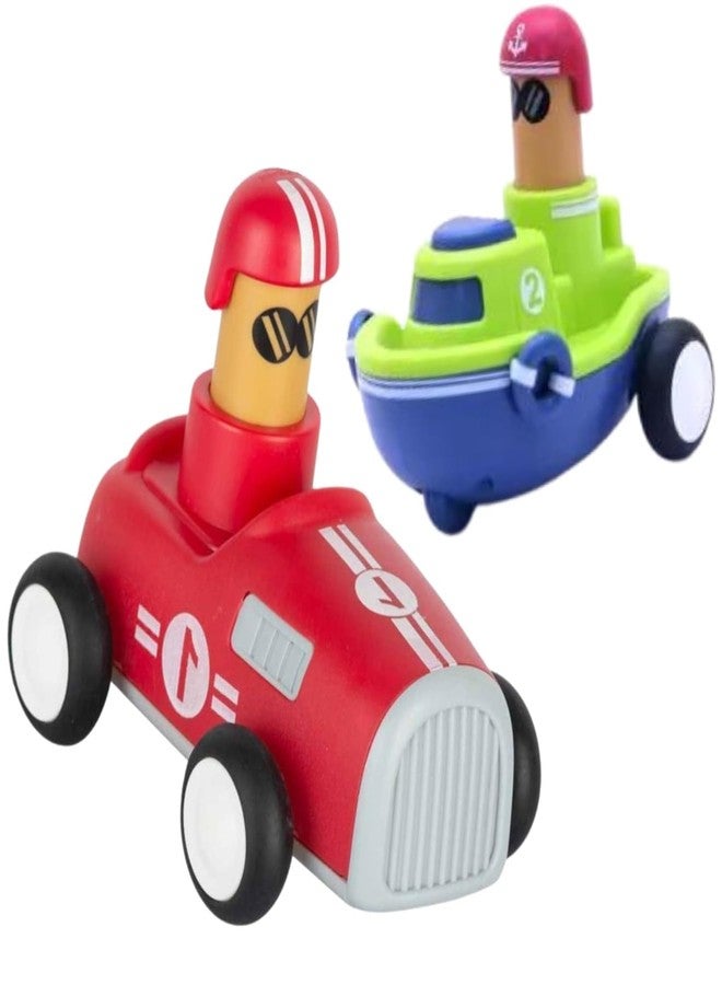 MAPA PLAY Pack of 2 Boat & Car Push and Go Play Set Friction Powered Car Pull Back Vehicles Transport Tools Kids Boys Girls - Image 1